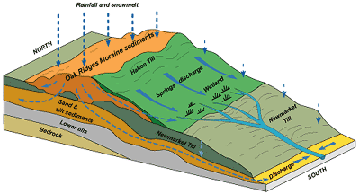 Precipitation falls on the Oak Ridges Moraine is absorbed into a sandy layer, hundreds of meters deep. Here, it is filtered and stored eventually draining out via the many streams and rivers that originate from the Moraine.