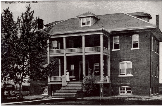 The Oshawa General Hospital in 1911, where you can see two nurses on the front steps.