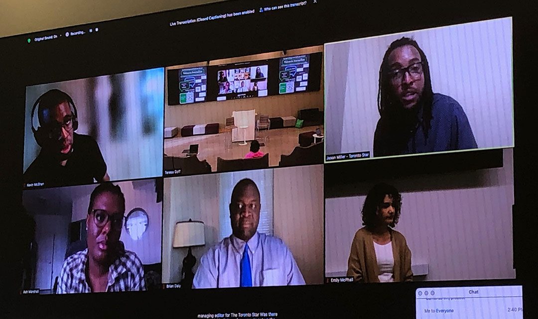 Voices in the Black Community panel meeting over Zoom, (from top left) Kevin McShan and Jason Miller. (From bottom left) Ashley Marshall, Brian Daly and Cheyenne Jarrett.