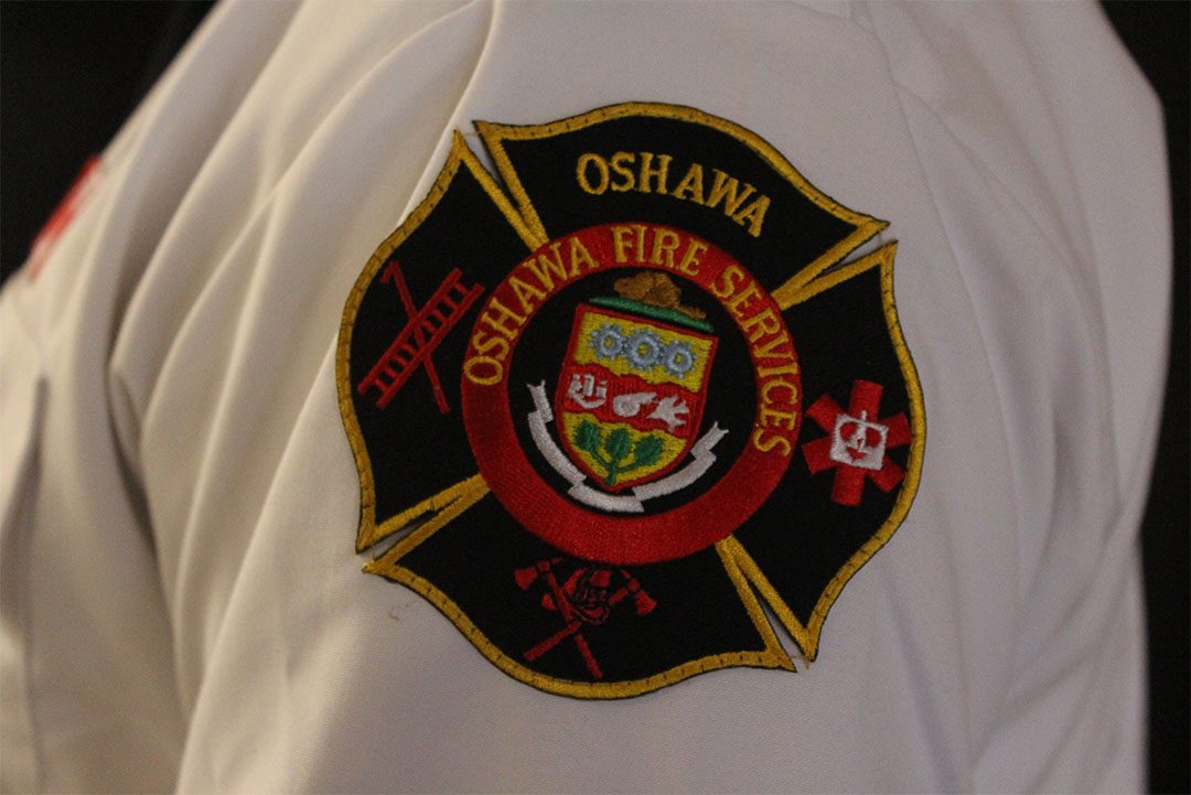 Deputy Fire Chief Stephen Barkwell’s patch on his uniform showing Oshawa’s Fire Services logo.