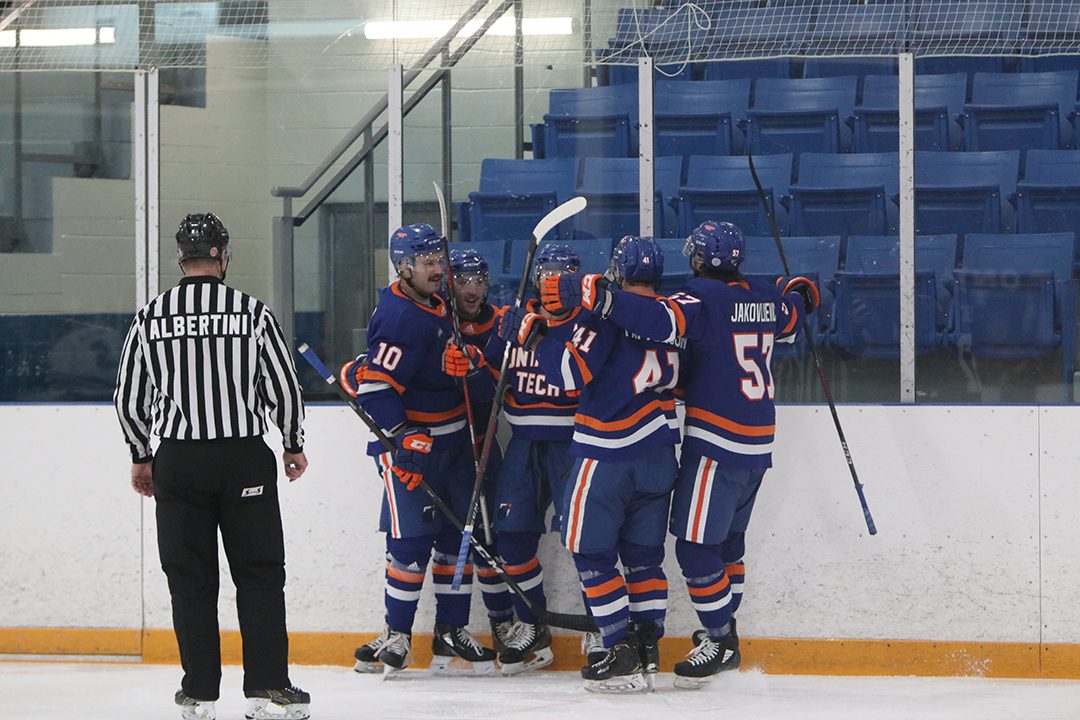 ONT Ridgebacks celebrating a goal from forward Austin Eastman.