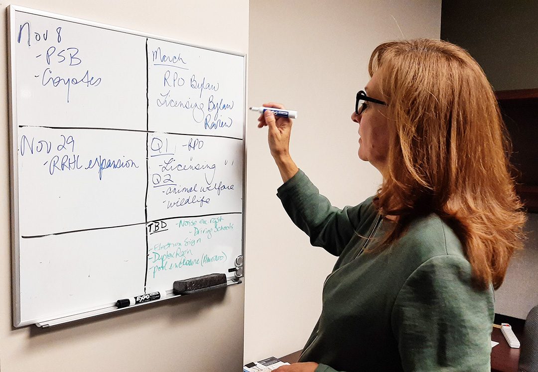 Brenda Jeffs writing on her office whiteboard about upcoming projects.