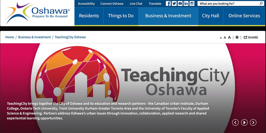 A screenshot of the TeachingCity page on the City of Oshawa's website.