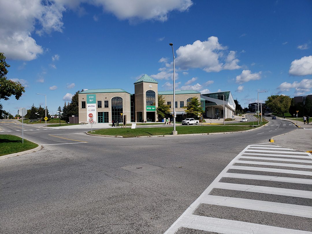 The Durham College student center sits between the students sevices building and the Gordon Wiley building, though its doors remain closed.