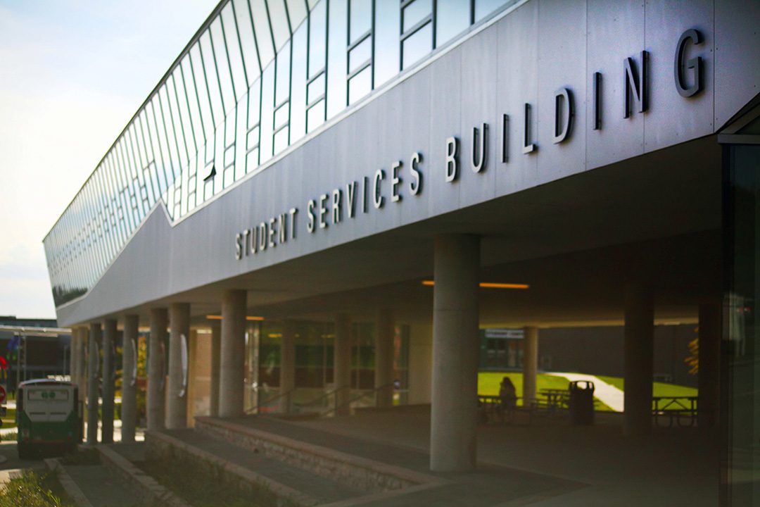 Exterior shot of the Student Services Building at the Durham College Oshawa campus.