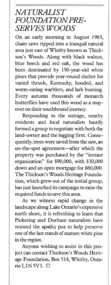 Arlin Hackman's piece on Thickson's Woods in the  ‘Earth Watch’ section of a June 1984 publication of Ontario Nature Magazine.