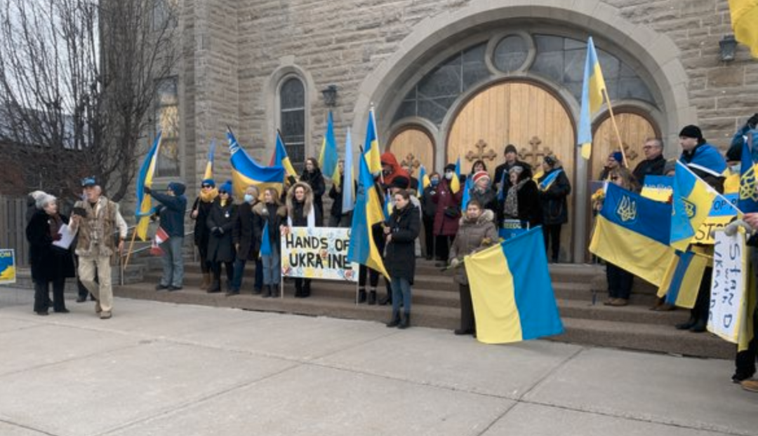 Odarka Matyczak delivers a speech in front of St. George Ukrainian Catholic Church.