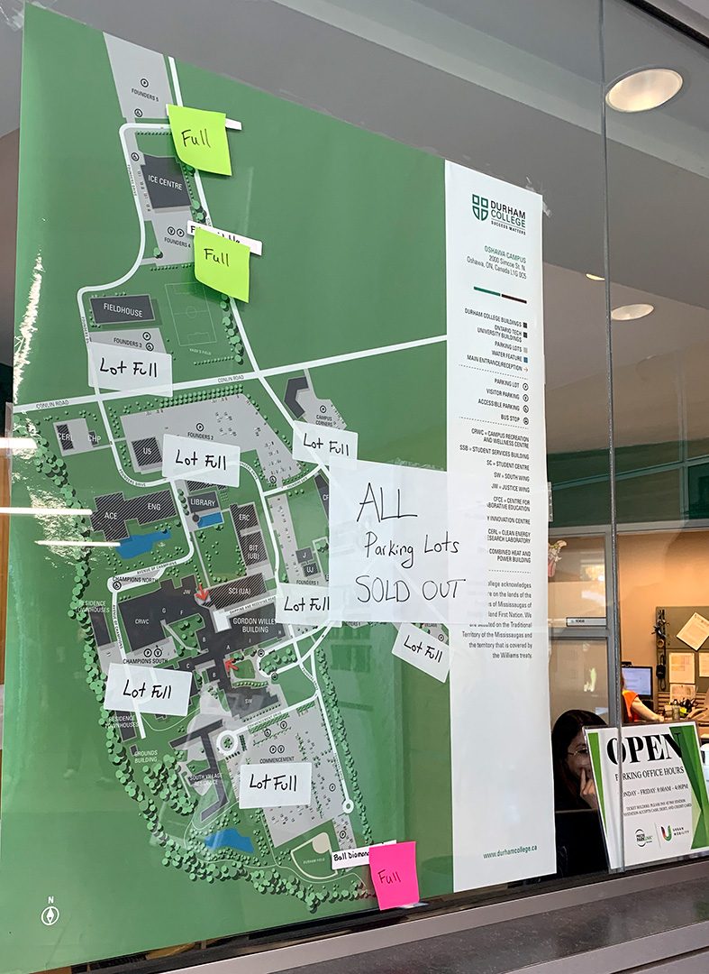 Durham College parking office displays a sign stating that all parking lots are sold out.  Many of the lots are less than half full mid-day on any given school day.  Students and faculty are having to use daily pay options to park.