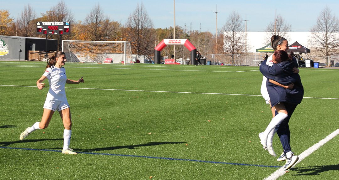 Humber Hawks midfielder Elisa Oliveira celebrating after scoring the game tying goal in the 90th minute.