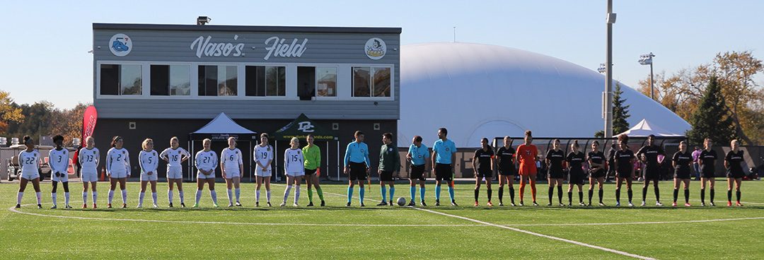 The Durham Lords and Seneca Sting lined up for the starting XI announcement before kick off.