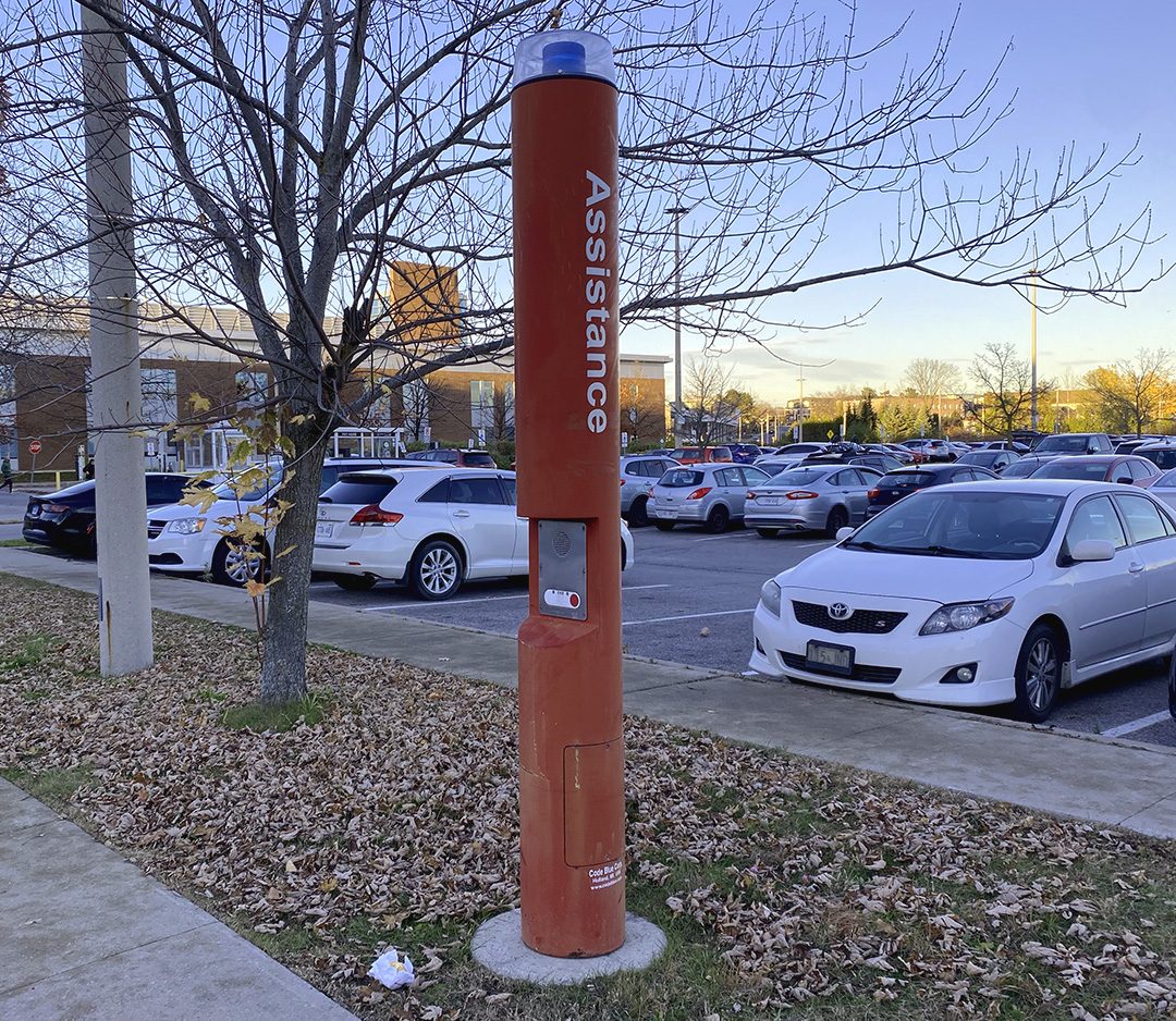 An example of Code Blue station on campus. They are located in parking lots, footpaths and within the campus library.