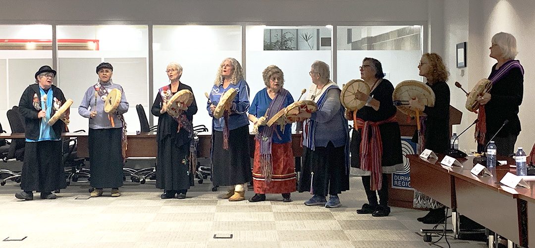 The All Our Relations Métis Drum Circle performed at the 'Voices in Durham' community listening event at the Regional Headquarters.