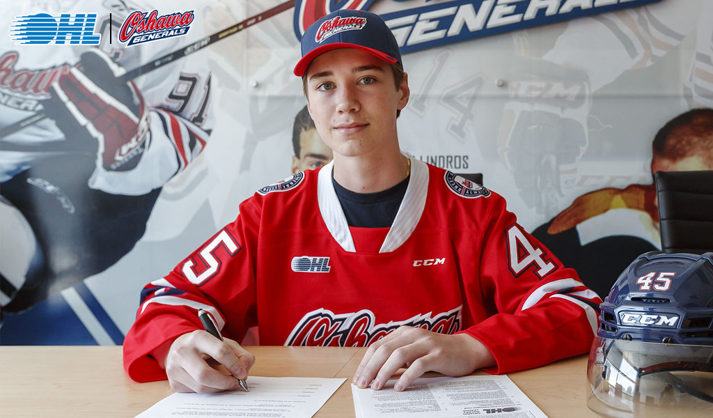 Forward Beckett Sennecke committing to the Oshawa Generals in May 2022. The Generals selected him eighth overall in the 2022 OHL draft.
