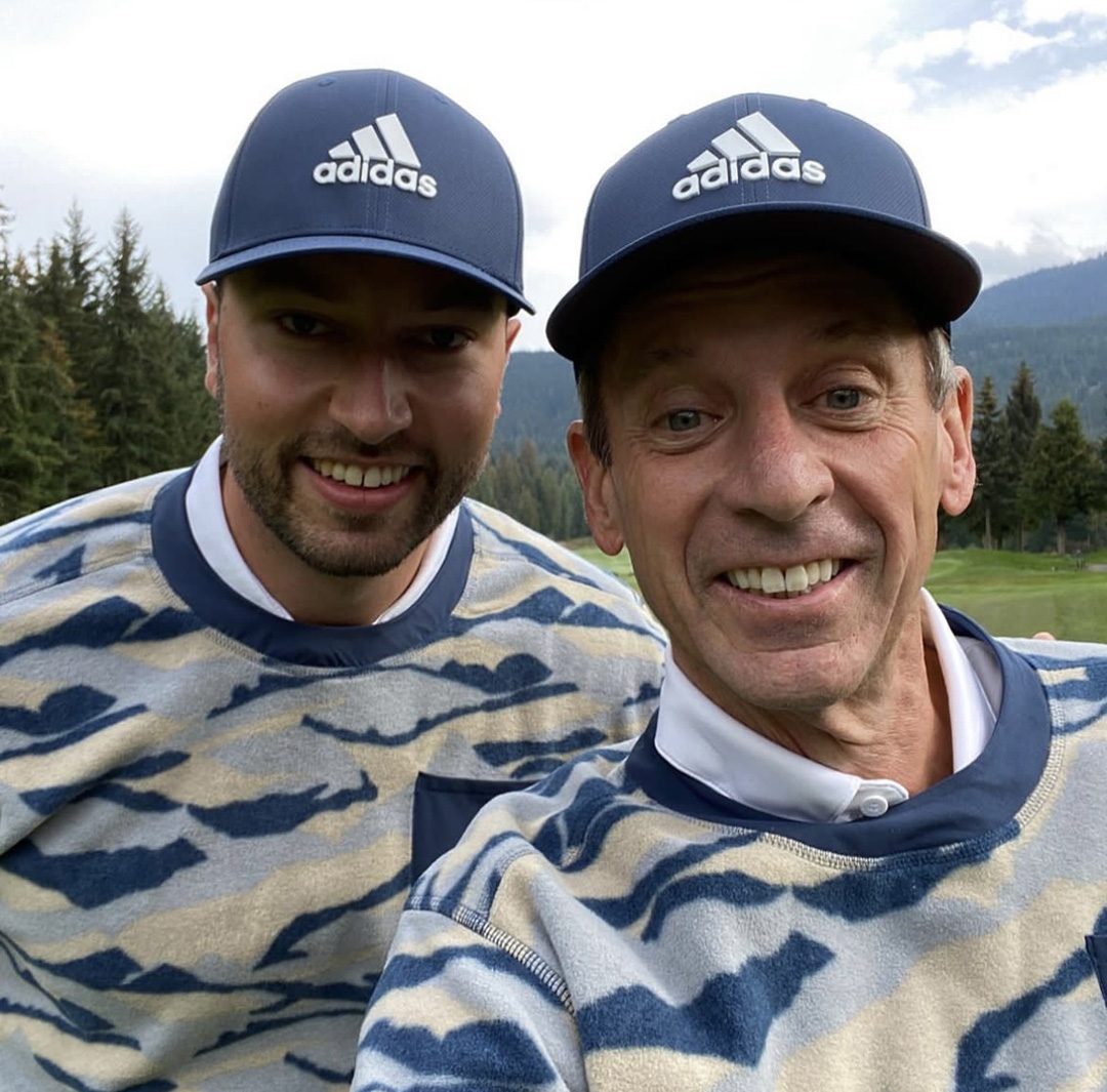 Bob Weeks (right) and Adam Scully (left), co-host and producer of Golf Talk Canada, wearing matching outfits at the Adidas Fairway Fleece event in Whistler, BC in September.