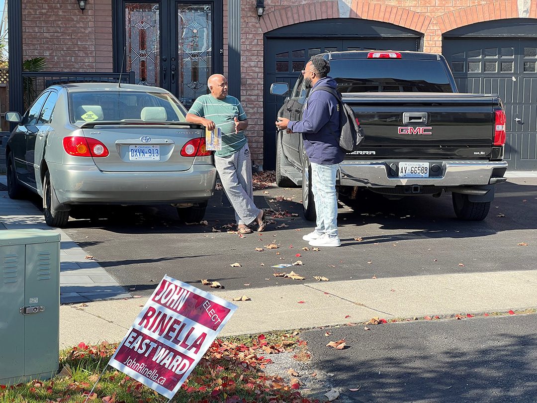 PG Case talking to a constituent while canvassing in Whitby.