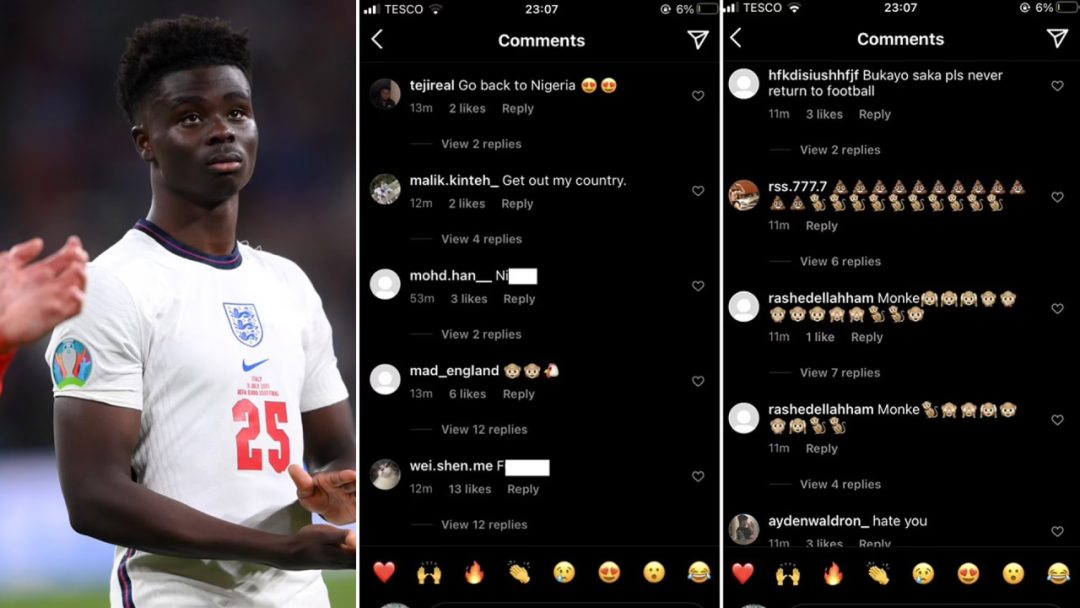 Bukayo Saka receiving refuse online after his miss penalty against Italy in the Euro 2020 final.