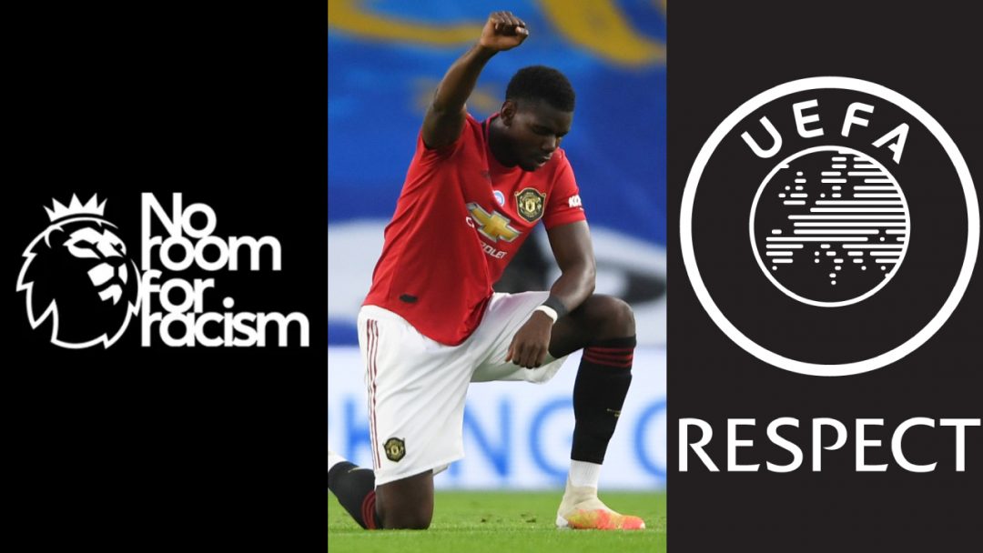 No room for racism logo (left), black lives matter protest in the Premier League (middle), UEFA respect campaign (right).