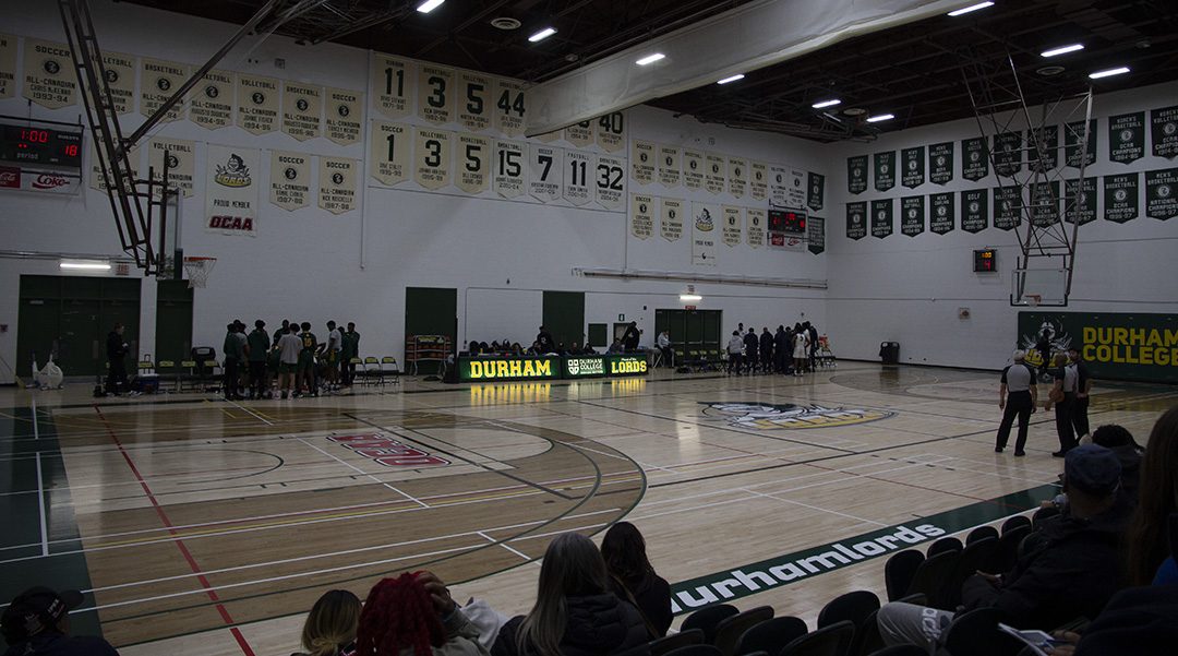 A freshly waxed court shines at the Durham vs. Humber men's basketball game.