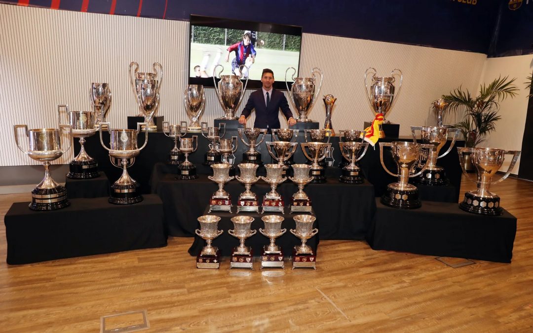 Lionel Messi with all his trophies (35) in which he won with his boyhood club Barcelona.
