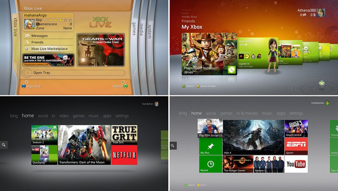 Various Xbox 360 dashboards from across the years