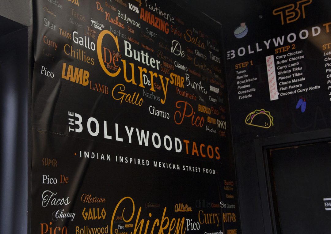 Menu board at Bollywood Taco.