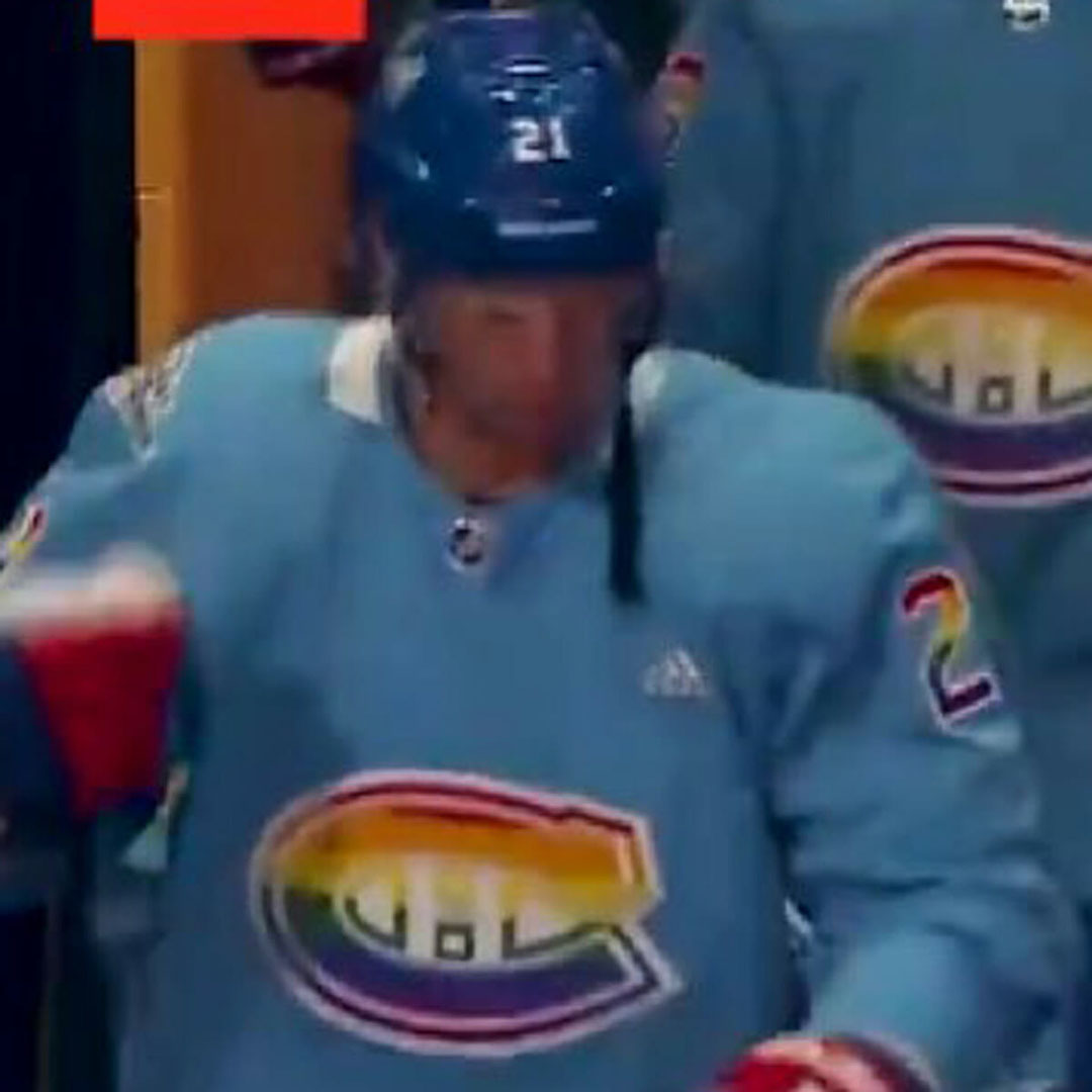 A screenshot of a leaked video of Eric Staal wearing a Pride jersey when playing for the Montreal Canadiens.