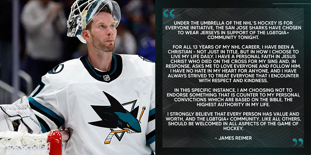 San Jose Sharks' goalie James Reimer's statement on why he chose not to wear the team's Pride jersey at their Pride night game.