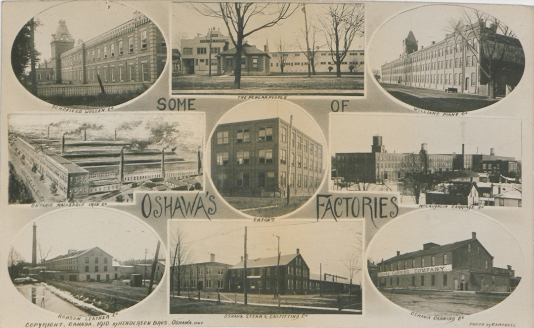 A collection of Oshawa factories in the early 20th century. Ontario Malleable pictured middle, left.