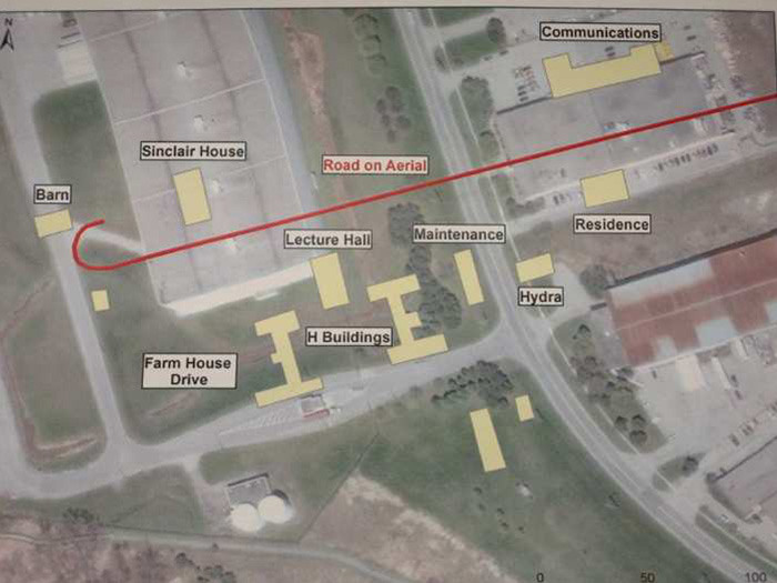 A map showing the positions of the Camp X buildings overlaid on a modern map.