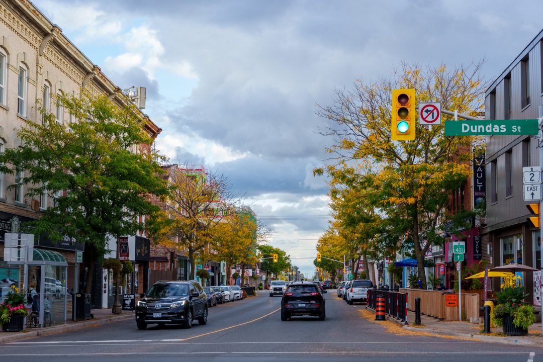 A photo of Brock Street in Whitby, looking south from the Dundas Street and Brock Street intersection.