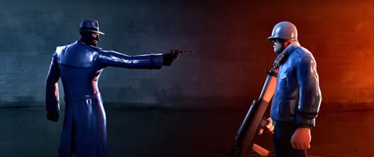 Two men stand on either side of the photo. The man on the left is pointing a gun and is shrouded in blue light. The man on the right is standing lookijng back at the man pointing the gun and is shrouded in red light.