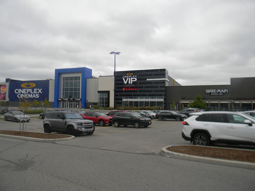 Outside the Pickering City Centre, including Cineplex Cinemas and State & Main restaurant.
