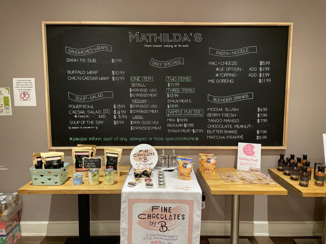 The menu of Mathilda's, a vegan restaurant in downtown Oshawa.