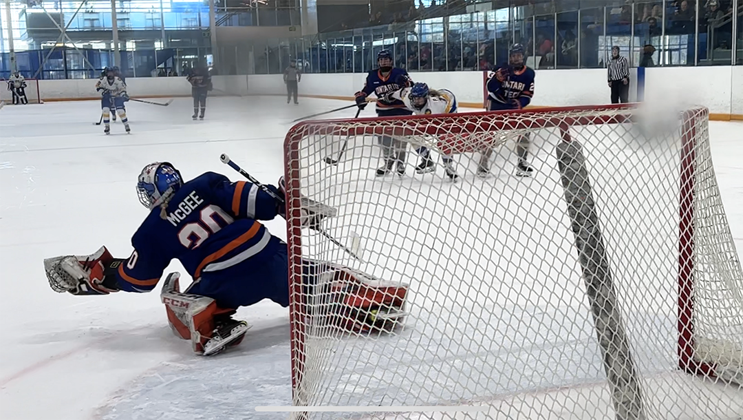 A goalie reaches out to make a save.