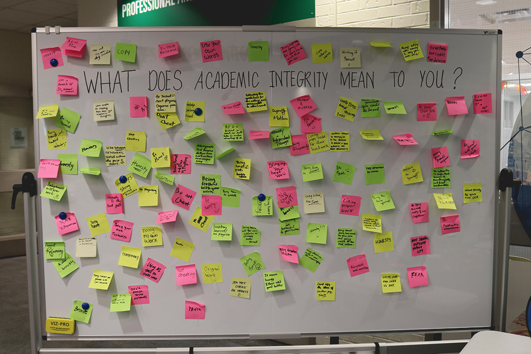 The boards shown here display the question "What Does Academic Integrity Mean to You?" with various colourful sticky notes containing students&squot; thoughts about academic integrity.