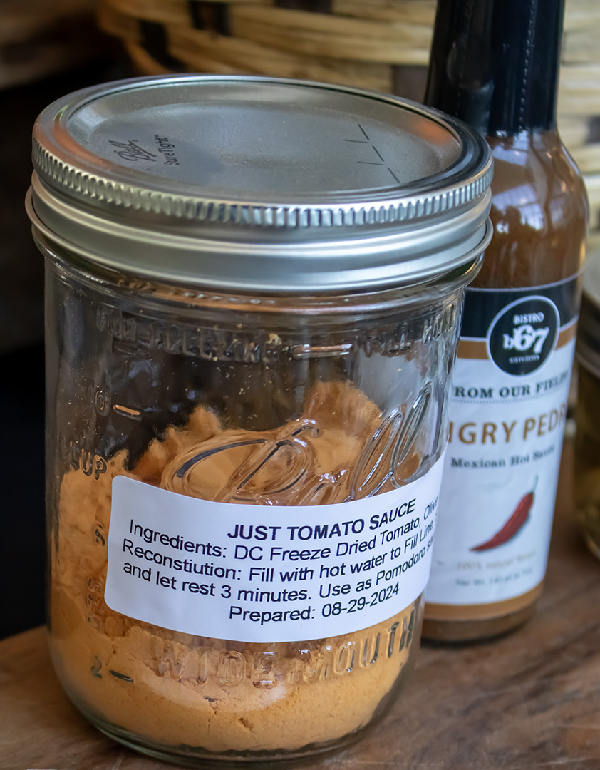 A jar of freeze-dried tomato sauce prepared for use at Durham College in Whitby, Ont., on Oct. 10, 2024, ensuring seasonal produce is available year-round to reduce dependence on imports.