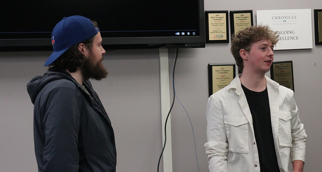 Andrew Neary (left) and Dylan Irving (right) at a screening for their film 'Friendship' during International Education Week at Durham College in Oshawa, Ont. on Nov. 19.