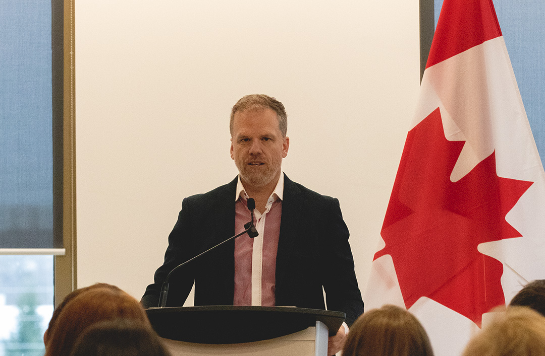 Minister Mark Holland speaking at an event honouring the opening of a new WHO Collaborating Centre at Ontario Tech University in Oshawa, Ont. on Nov. 22, 2024.