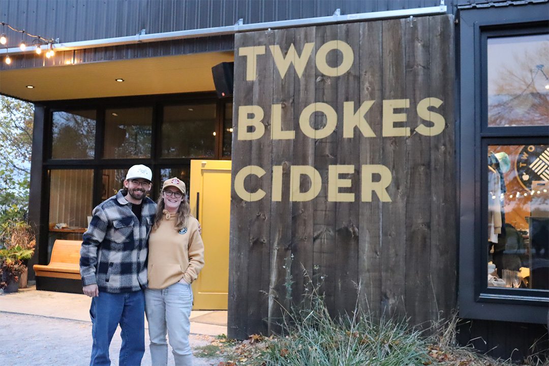 Aidan Doak; LEFT; and Jenna Boucher; RIGHT; in front of Two Blokes Cider in Seagrave; Ont. They organized the cidery's first annual City in the Country Craft Beer and Cider Festival held on October 27; 2024.. Jack Conway/The Chronicle