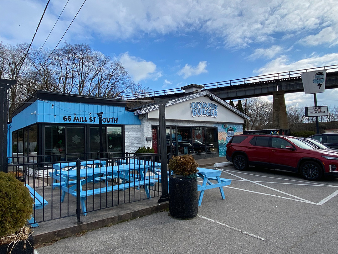 Exterior of Olympus Burger in Port Hope, Ont. on Dec. 1, 2024. Formerly a KFC restaurant, it was converted into its current form in 2012-2013  by owner George Kallonakis. Jack Conway/The Chronicle.