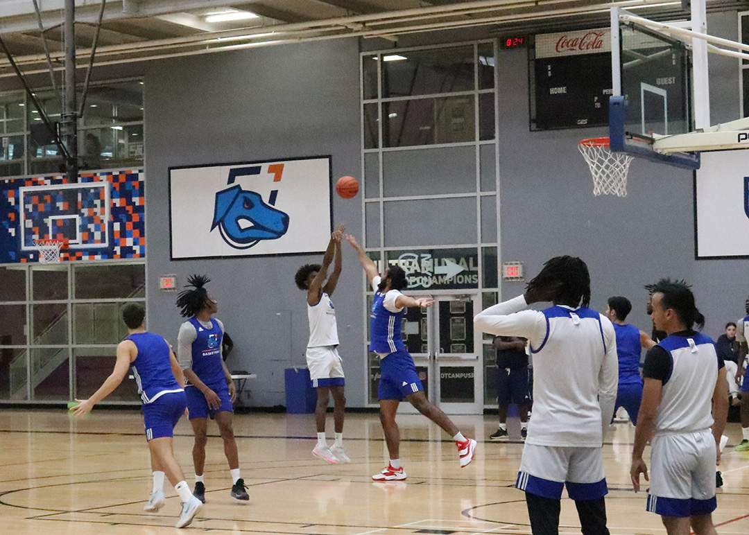 Ayub Nurhussien shoots a jumpshot over Arjun Bassi during Ontario Tech Ridgebacks men's basketball practice on Thursday, October 3, 2024, at the Campus Wellness and Recreation Centre in Oshawa Ont. Reese Davidson