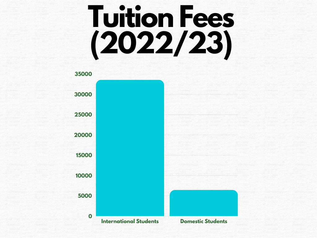 Average undergraduate tuition for international students: CAD$33,561.

Average tuition for domestic students: CAD$6,435.