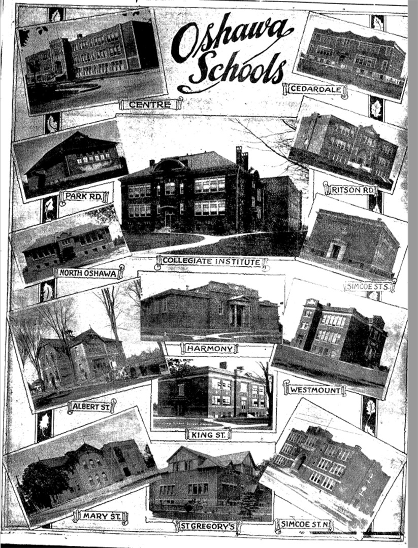 A collage of all the schools in Oshawa circa 1920s. The former Ritson Public School is pictured on the upper right-hand side. The building was purchased by the Region of Durham in 2022 with the intention of turning the site into affordable housing.