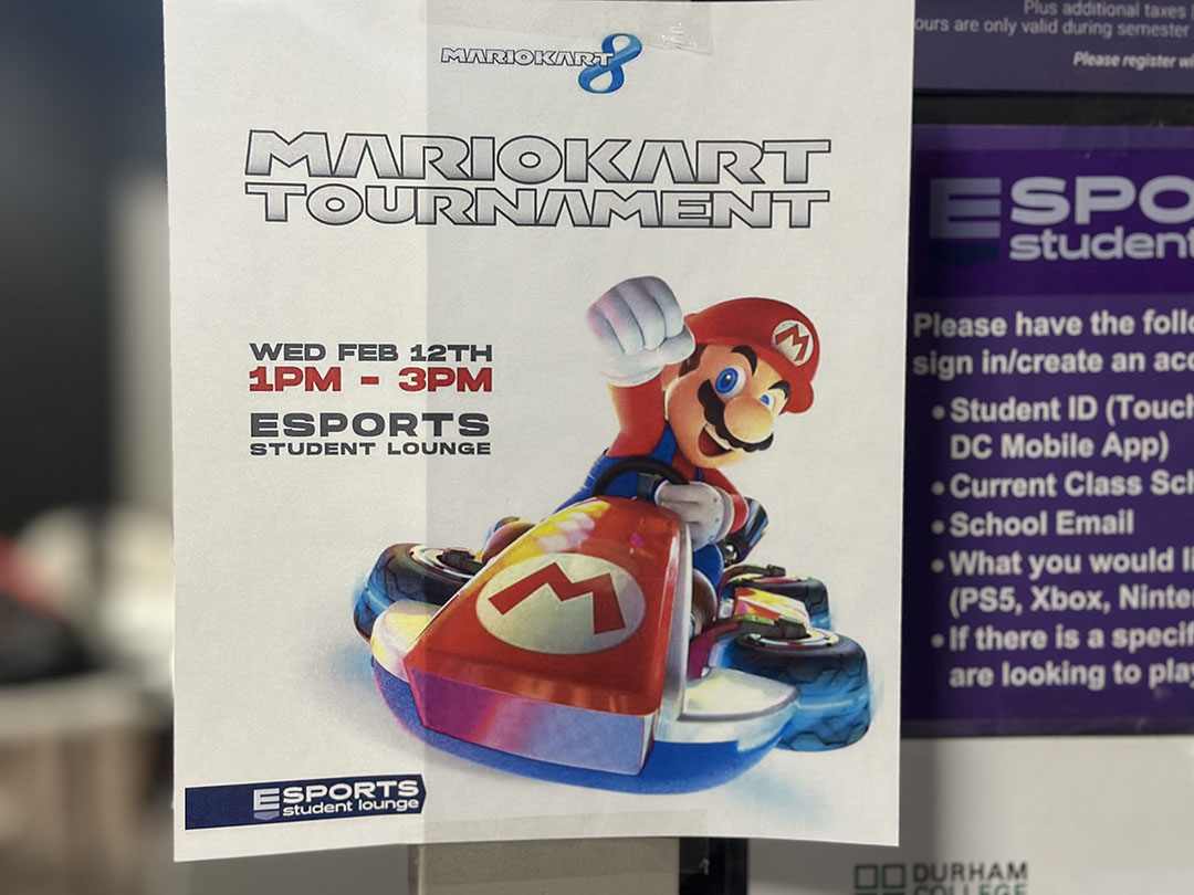 This image shows the official flyer created for the Mario Kart Tournament, providing event details and participation information.