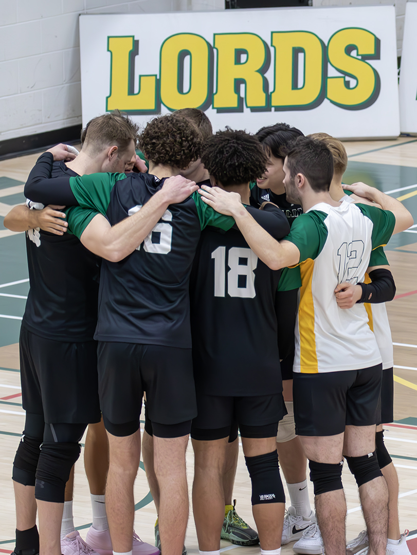 The Durham Lords huddle up during a timeout against Algonquin.