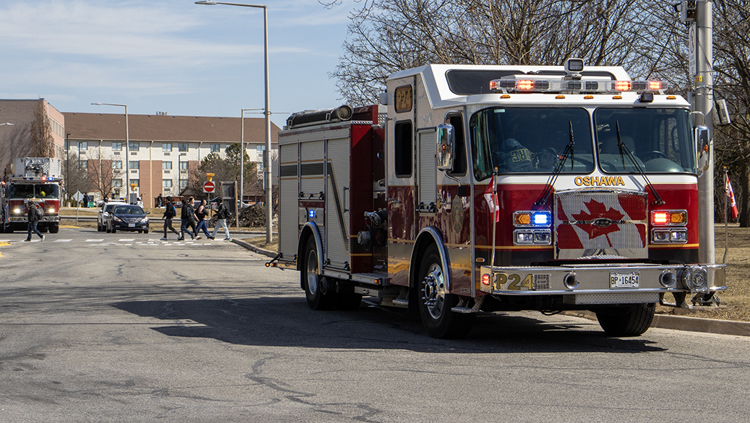 Fire trucks at the scene of the false alarm at Durham College.