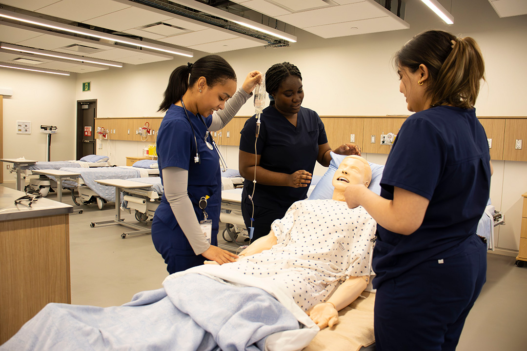 (Left to right) BscN students Tseyon Yoseph, Jaslove Attafuah and Waleeja Hamraz are completing an assessment on a mannequin at the Ontario Tech University nursing lab on March 17, 2025. This allows them to practice their nursing skills.