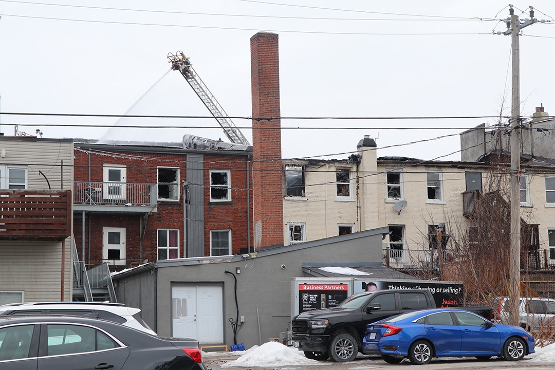 View facing north on Scugog Street in Bowmanville, Ont. A major fire ripped through multiple buildings in the early hours of Mar. 6, 2025, destroying several businesses and residential units.