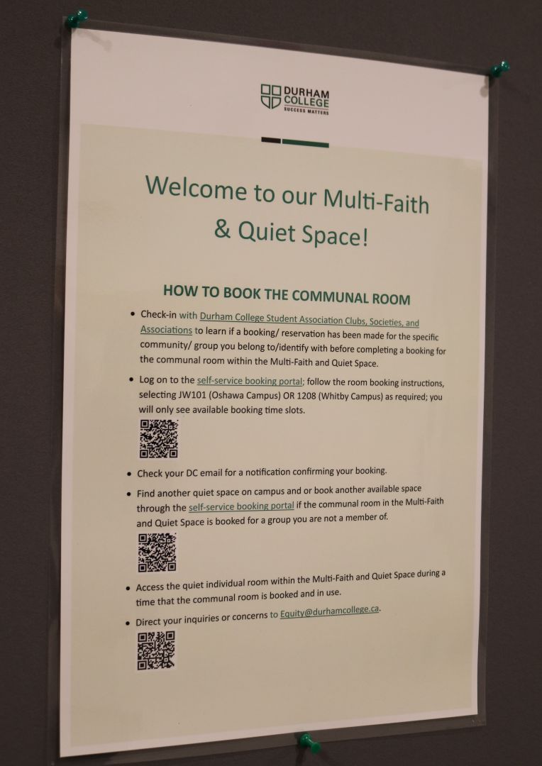 A poster outlining the process for booking the space, ensuring fair access for all students and faith-based groups.