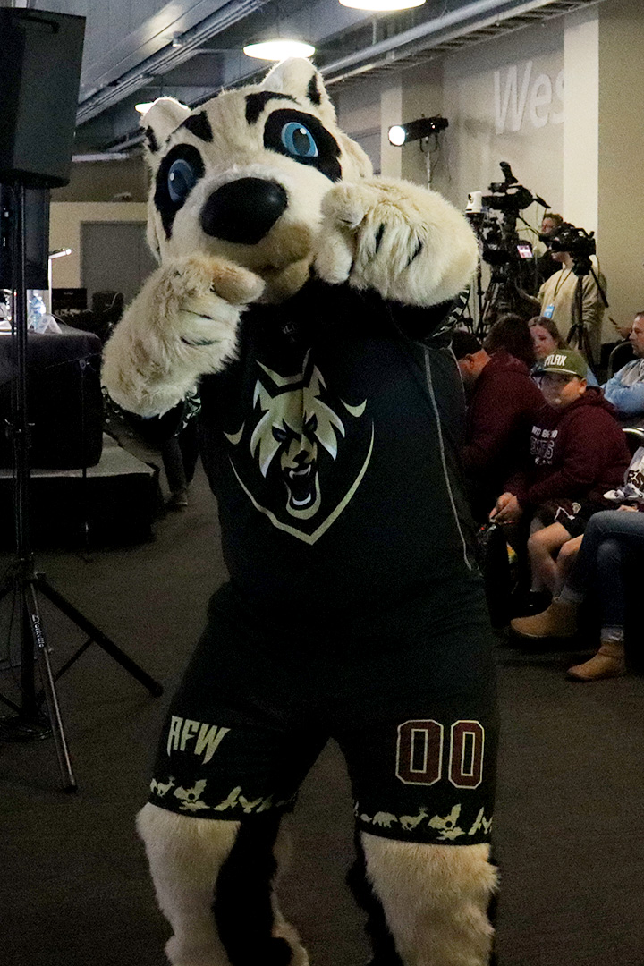 A mascot that looks like a wolf points its fingers. It's wearing a black jersey and black shorts.
